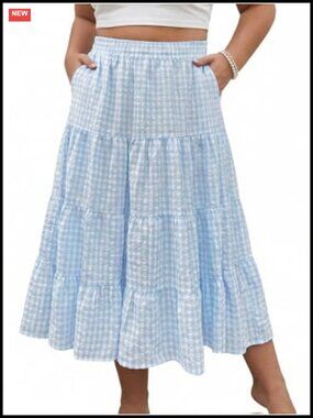 Plus Size Cotton Midi Skirt High Waist A-Line Pleated with Pockets